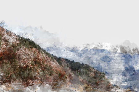 Abstract colorful mountain range in Japan on watercolor illustration painting background.の写真素材
