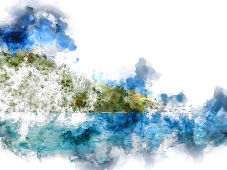 Abstract colorful shape on mountain and sea on watercolor illustration painting background.の写真素材