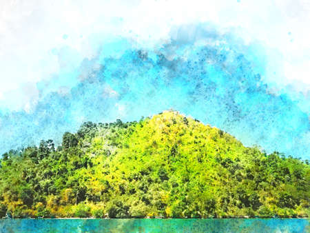 Abstract colorful shape on mountain and sea on watercolor illustration painting background.の写真素材