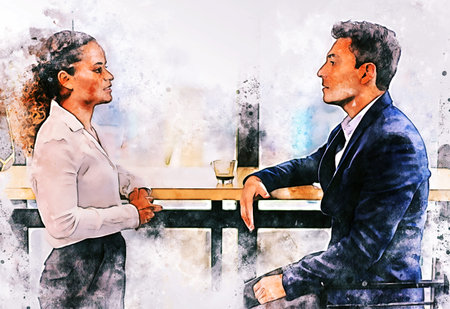 Businessman and businesswoman meeting in a cafe, drawing sketch illustrationの写真素材