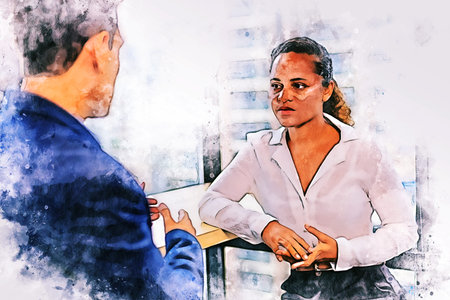 Abstract colorful business man and woman handshake on watercolor painting background.の写真素材