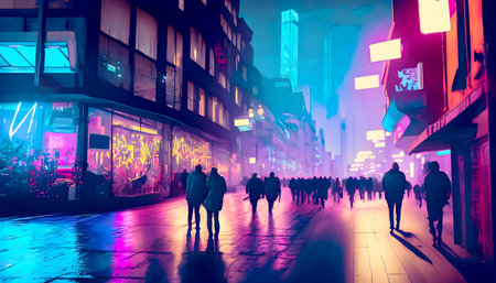Abstract City walking, on sidewalk in a busy city night neon light for background, Generative AI.の素材