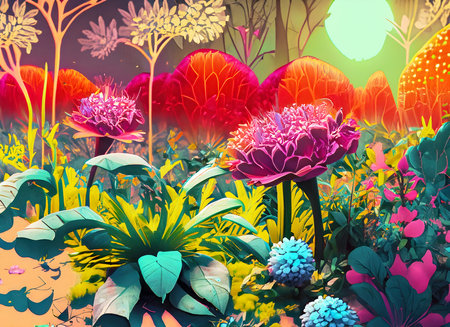 Abstract pink flower grow park on graphic mode for background, Generative AI.の素材
