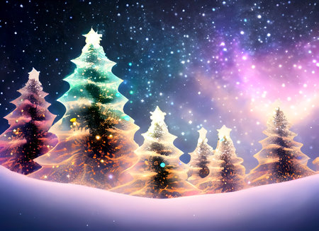 Abstract a flowy, iridescent xmas trees made of star under the snow and galaxy, Generative AI.の素材