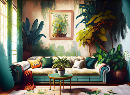 Abstact Interior design living room with a lot of plants and digital art concept, Generative AI.の素材
