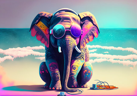 Abstract elephant wearing a headphone enjoying the sun at the beach on sososity, Generative AI.の素材
