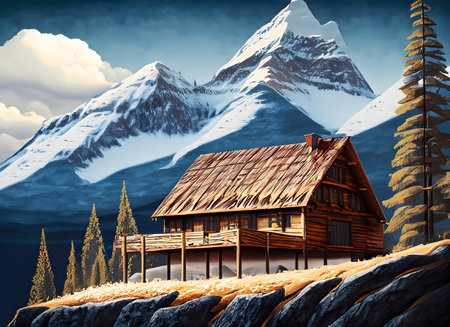 Abstract create a beautiful mountain scene with a log home on the side of a rugged mountain, Generative AI.の素材