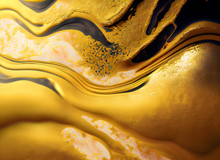 Abstract art golden paint background with liquid fluid grunge texture and neon curved wave, Generative AI.の素材