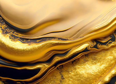 Abstract art golden paint background with liquid fluid grunge texture and neon curved wave, Generative AI.の素材