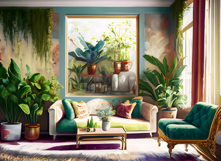 Interior design living room with a lot of plants and digital art concept, Generative AI.の素材