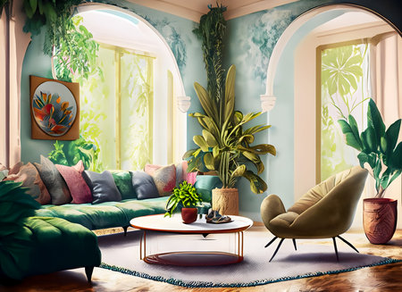 Abstract green Interior design living room with a lot of plants and digital art concept, Generative AI.の素材