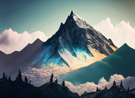 Abstract mountain peak and tree landscape with could overlayed in the foreground on digital art, Generative AI.の素材