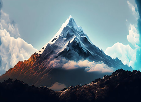 Abstract mountain peak and tree landscape with could overlayed in the foreground on digital art, Generative AI.の素材