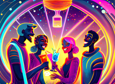 Abstract Group of friends having drinks at the night club party and neon wave light, Generative AI.の素材