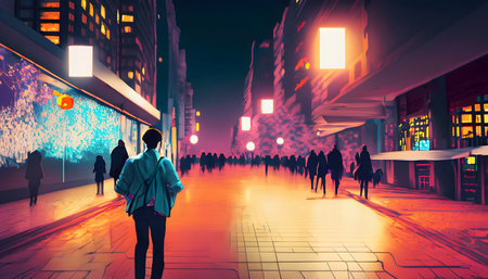 Abstract City walking, on sidewalk in a busy city night neon light for background, Generative AI.の素材