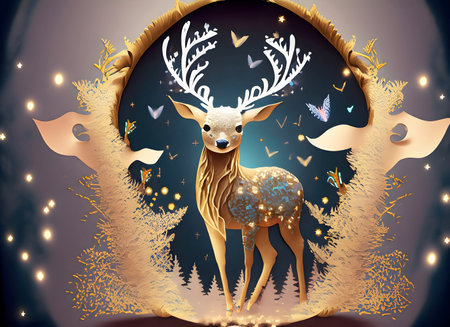 Abstract portrait deer of with a luminous dress, paper cut, Christmas, wind, sky, clouds, stars, Generative AI.の素材