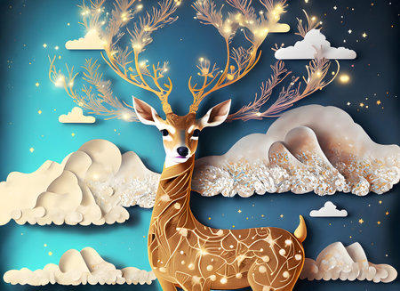 Abstract portrait deer of with a luminous dress, paper cut, Christmas, wind, sky, clouds, stars, Generative AI.の素材