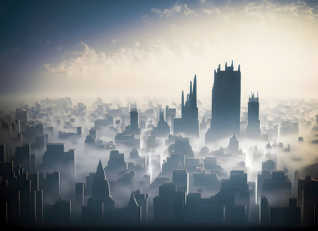 Abstract beautiful capital city in the fog and sunset background, Generative AI.の素材
