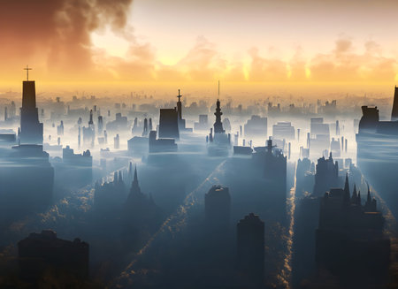 Abstract beautiful capital city in the fog and sunset background, Generative AI.の素材