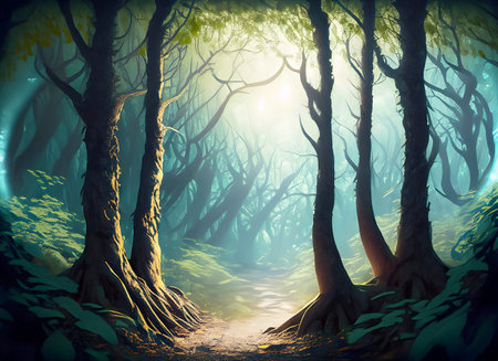 Abstract inside empty forest and light swirling surface for background, Generative AI.の素材