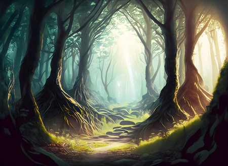 Abstract inside empty forest and light swirling surface for background, Generative AI.の素材