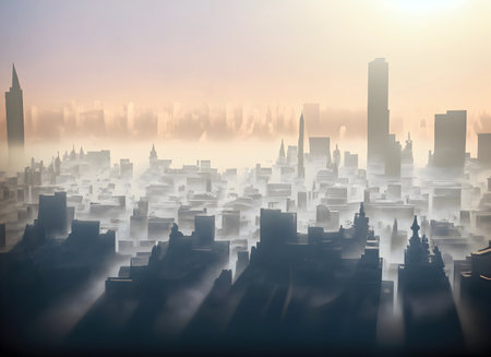 Abstract beautiful capital city in the fog and sunset background, Generative AI.の素材