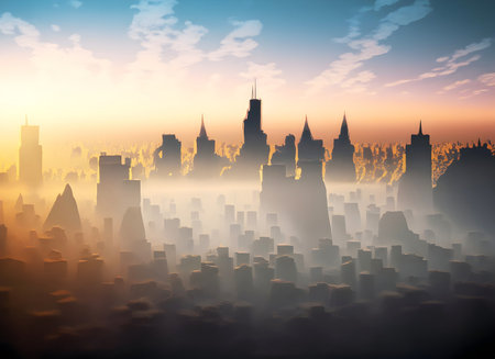 Abstract beautiful capital city in the fog and sunset background, Generative AI.の素材