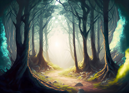 Abstract inside empty forest and light swirling surface for background, Generative AI.の素材