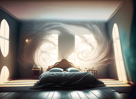 Abstract minimal inside empty bed room, light swirling lines on digital art, Generative AI.の素材