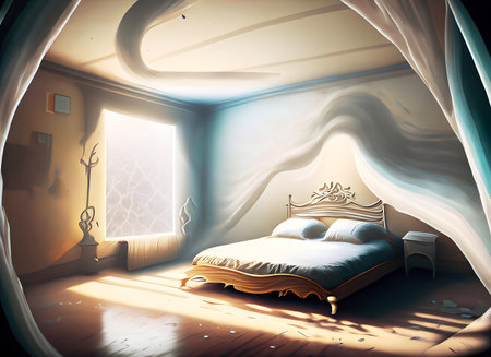 Abstract minimal inside empty bed room, light swirling lines on digital art, Generative AI.の素材