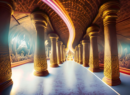 Abstract minimal inside empty Thai Temple, light swirling lines on digital art, Generative AI.の素材
