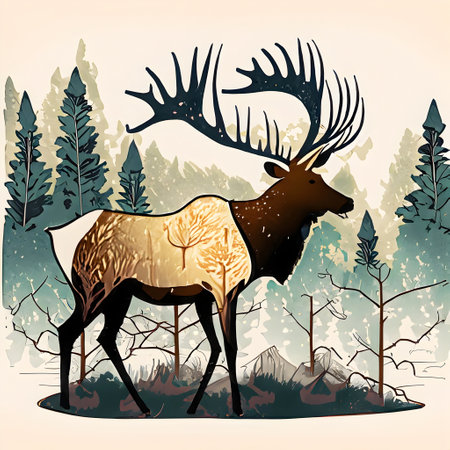 Beautiful elk in the forest. Vector illustration in retro style.の素材