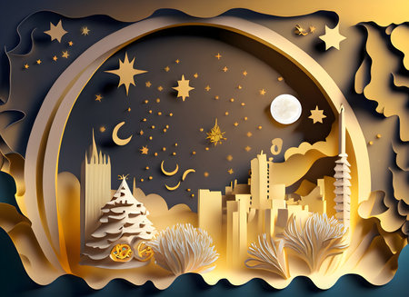 3D paper cut, Christmas golden, city, moon for background, Generative AI.の素材