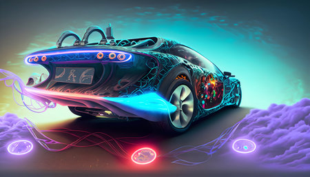 Abstract colorful A magical Super Car ECO battery on neon light on digital art, Generative AI.の素材