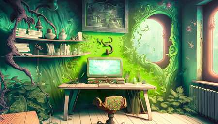 Abstract Home office for work and color green space for background on digital art concept, Generative AI.の素材
