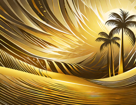 Golden background with palm tree background on digital art concept, Generative AI.の素材