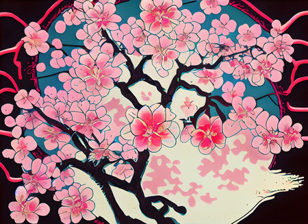 Abstract spring cherry blossoms in a Japanese Lino cut style on digital art concept, Generative AI.の素材