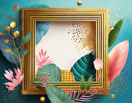 Abstract Gold frame on minimal color Memphis background on digital art concept, Generative AI.の素材