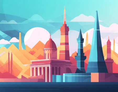 Abstract 2D geometric colorful background, Travel the world movement concept and digital art concept, Generative AI.の素材