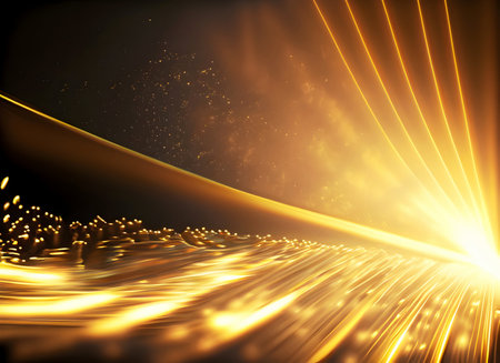 Abstract Gold lights rays scene background and neon wave light on digital art concept, Generative AI.の素材