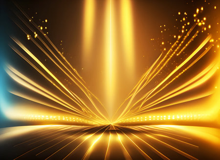 Abstract Gold lights rays scene background and neon wave light on digital art concept, Generative AI.の素材