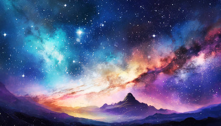 Abstract under starry sky background aesthetic remixed media landscape. beautiful scene on digital art concpet, Generative AI.の素材