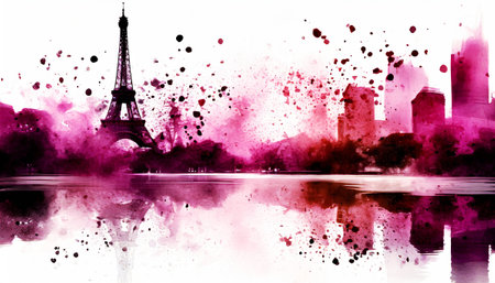 Abstract a serene sunset over a calm lake and cityscape background on digital art concept, Generative AI.の素材