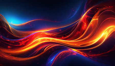 Abstract smooth liquid neon light curved orange and red on dark blue background on digital art concept, Generative AI.の素材
