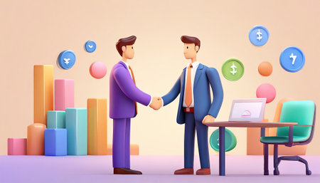 Abstract minimal color Businessmen handshake global stock market through workplace on digital art concept, Generative AI.の素材