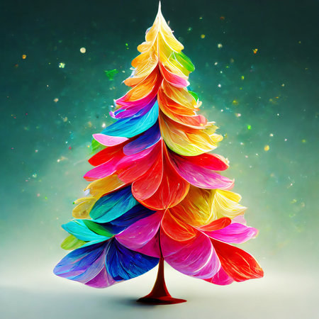 3d colorful tree x-mas made of bright rubber petals on digital art concept,  Generative AI.の素材