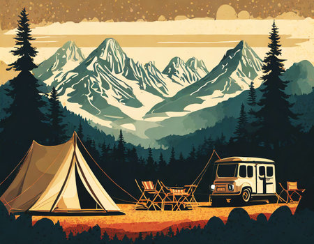 Abstract camping Festival and luxury grunge font view on digital art concept, Generative AI.の素材