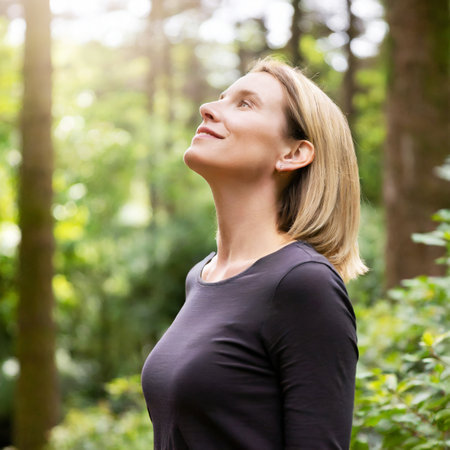 Beautiful woman relaxing breathing fresh air in forest on digital art concept, Generative AI.の素材