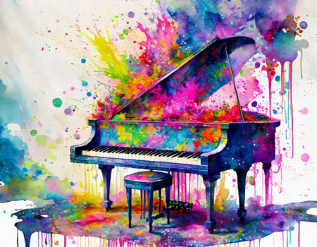 Abstract colorful piano keyboard on watercolor illustration painting background on digital art concept, Generative AI.の素材