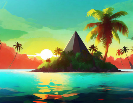 Abstract 2D geometric colorful background, einsamen Insel in den Tropen on digital art concept, Generative AI.の素材